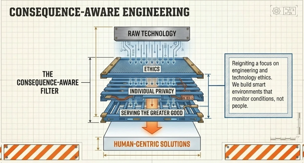 The consequence-aware filter: raw technology passing through layers of ethics, individual privacy, and serving the greater good to produce human-centric solutions. We build smart environments that monitor conditions, not people