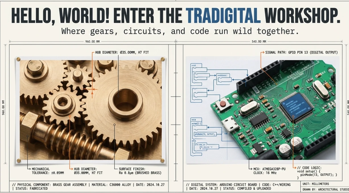 Hello World, enter the tradigital workshop: a brass gear assembly annotated like a mechanical drawing beside an Arduino circuit board annotated like a wiring schematic, where gears, circuits, and code run wild together