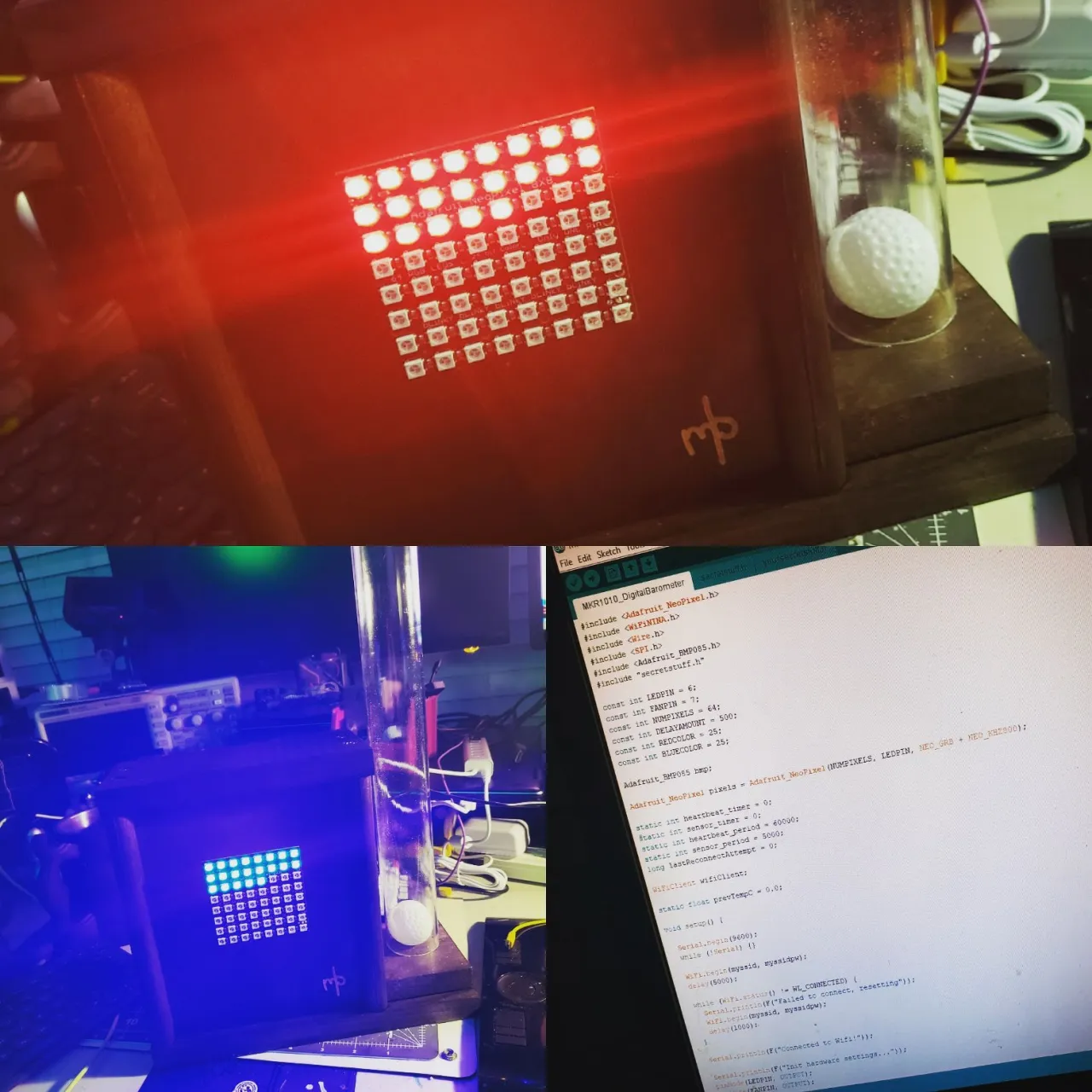 A digital barometer build: an Adafruit NeoPixel LED matrix glowing red and blue, a 3D-printed golf ball suspended in a glass tube on a wooden base, with the Arduino sketch shown on a monitor