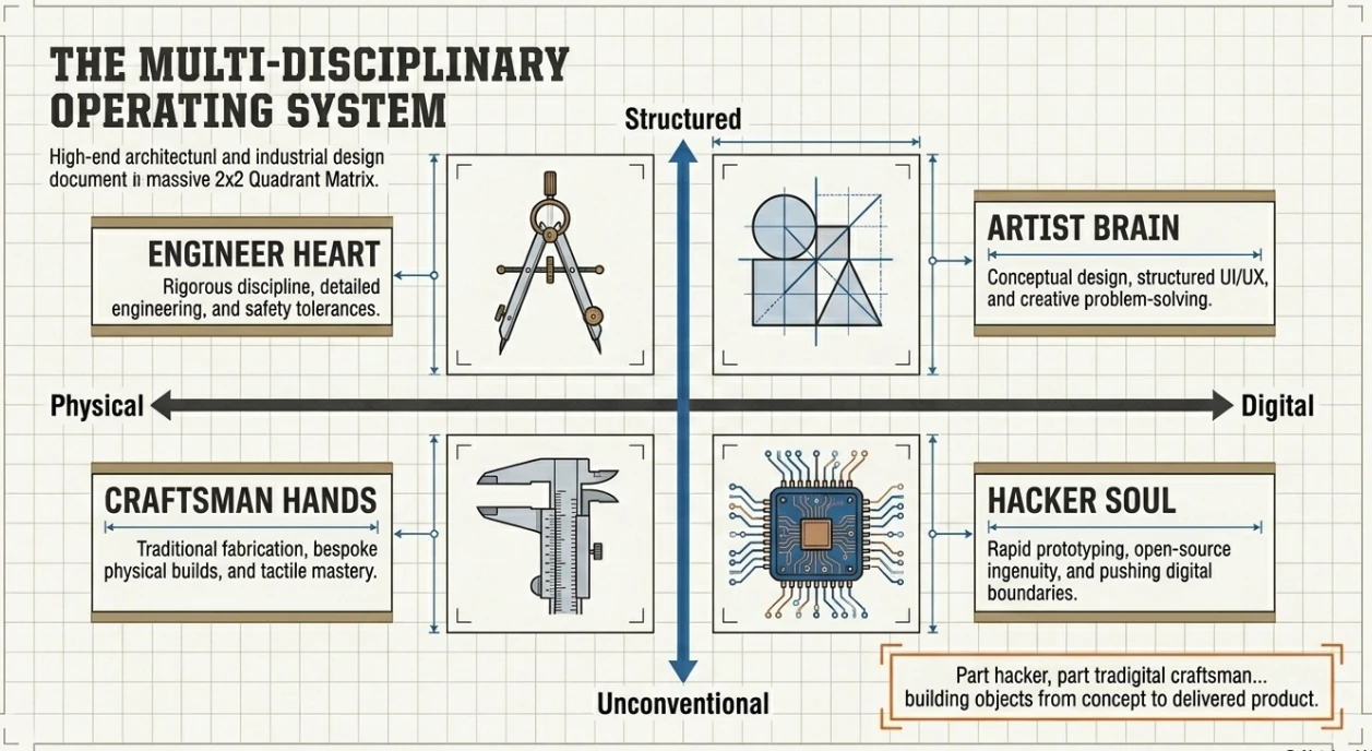 The multi-disciplinary operating system: a two-by-two matrix mapping Engineer Heart, Artist Brain, Craftsman Hands, and Hacker Soul across physical-to-digital and structured-to-unconventional axes