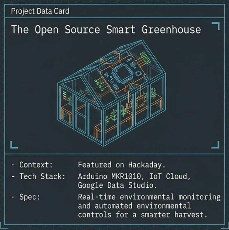 The Open Source Smart Greenhouse project data card: an isometric blueprint of a greenhouse with an embedded controller, featured on Hackaday