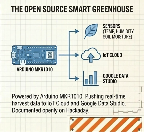 Diagram of the open source smart greenhouse: an Arduino MKR1010 feeding sensors, IoT Cloud, and Google Data Studio