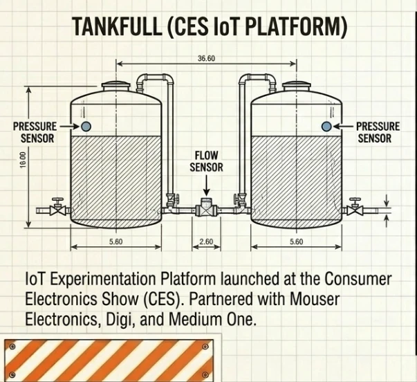 Technical diagram of the TANKFULL platform: two pressure-sensored tanks linked by a flow sensor