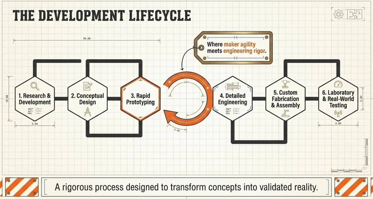 The development lifecycle: six hexagonal stages from research and development through conceptual design, rapid prototyping, detailed engineering, custom fabrication and assembly, to laboratory and real-world testing