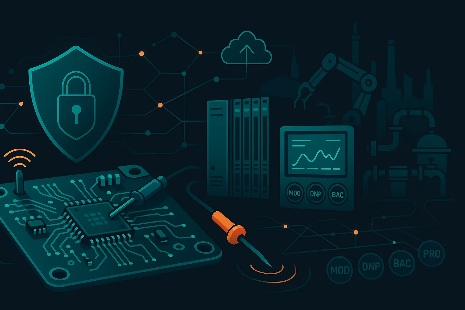 Illustration of the Green Shoe Lab: a security shield and padlock, a circuit board under a probe, network nodes, a cloud upload, an HMI readout, and an industrial plant, with ICS protocol badges for Modbus, DNP3, BACnet, and PROFINET