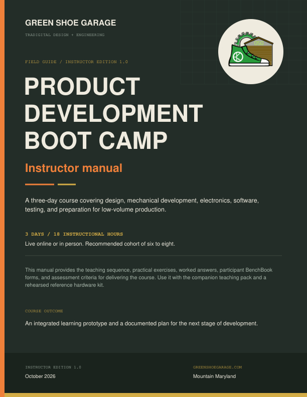 Green Shoe Garage Product Development Boot Camp Instructor Manual with the GSG logo, dark green cover, and orange and brass accents