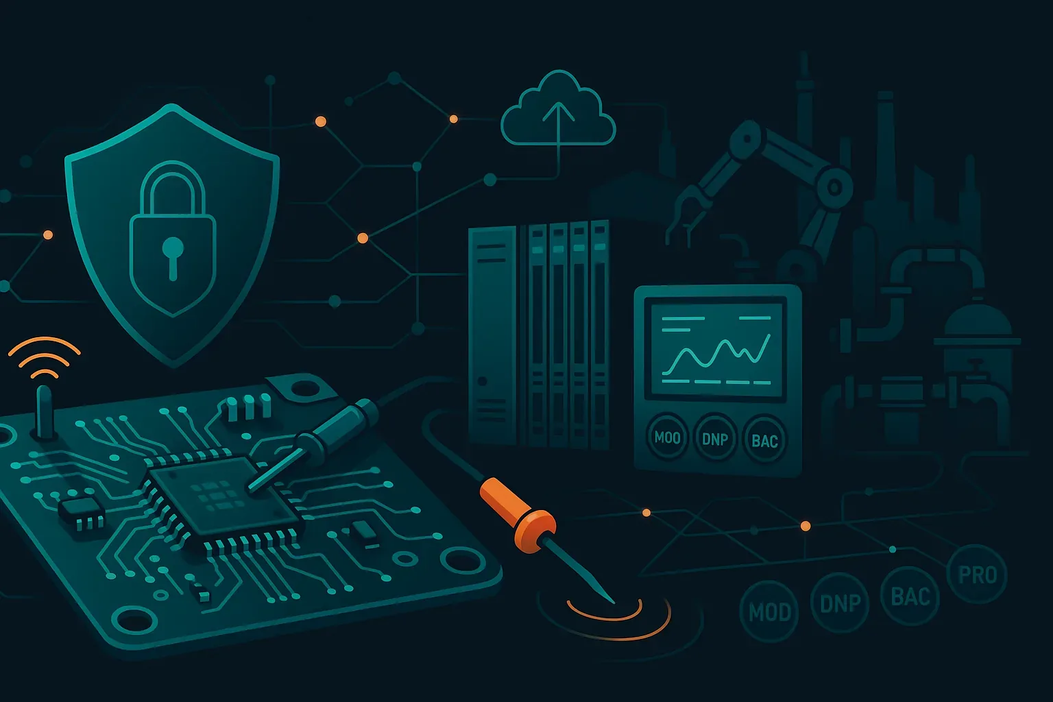 Green Shoe Lab illustration: a circuit board under a probe beside a shield and padlock, a server stack and cloud link, an HMI panel tagged MOD, DNP, and BAC, and a factory of pipes and a robot arm behind it